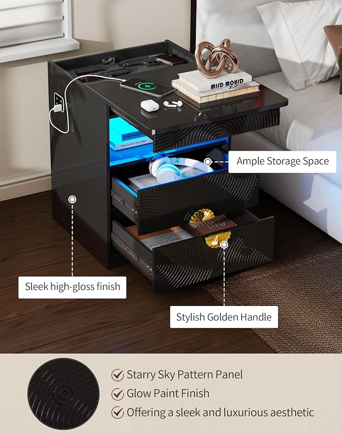 LED Nightstand Set 2 with Gun Drawer & Charging Station | 3-Color Lights & Human Body Sensor, Smart Charger Station, 2 DrawersHidden Storage, End Table Bedroom Livingroom