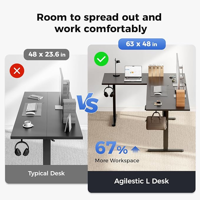 Agilestic 63 x 48 Inch L Shaped Standing Desk with Powerstrip, Black | Outlets, Cable Management, Corner Desk, Ample Workspace, Memory Presets, Hooks, Stable Steel Frame,176 lbs, Splice Board