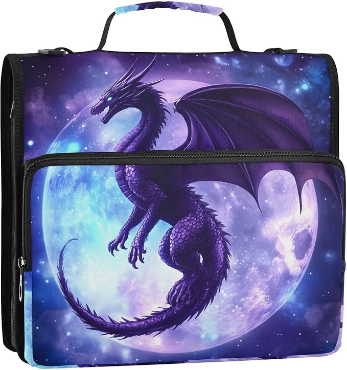 3 Ring Zipper Binder with Shoulder Strap Dragon Moon 2 Inch Zippered Binder Bag 500 Sheet Capacity Multi Pockets for School Supplies