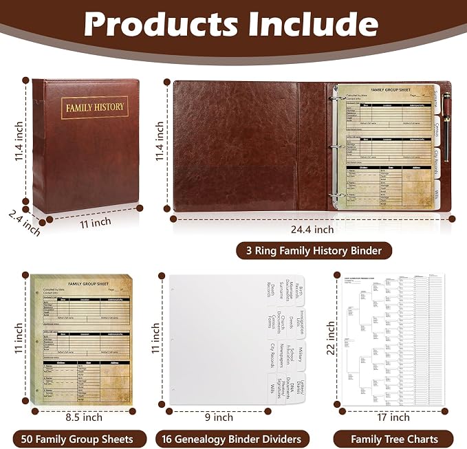 3 Ring Family History Binder 50 Sheet 12th Generation Family Group Sheets 16 Sheets Genealogy Binder Dividers Family Tree Charts to Fill in with PVC Pocket Pen Loop Brown