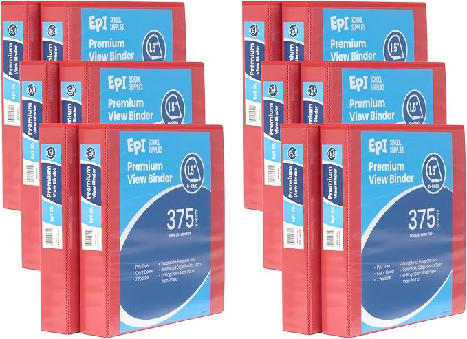 12 Pack Red 3-Ring Binders, 1.5", Slant D-Ring, Durable, EPI Premium, Heavy Duty, Holds 375 Sheets, Clear View Presentation, Non-Stick, 2 Inside Pockets, Organizer for School, Home Office