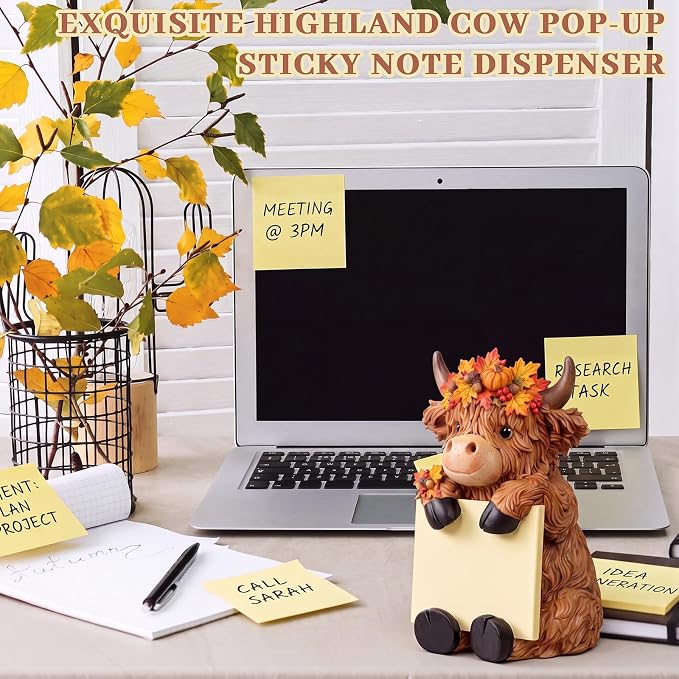 Thenshop Fall Highland Cow Pop up Sticky Note Dispenser with 100 Sheets | Resin Highland Cow Sticky Note Holder, Highland Cow Desk Accessories, Autumn Maple Leaves Berry, Classroom School, 3 x 3 Inch