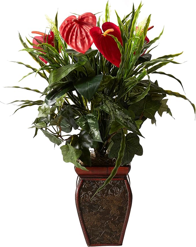 Nearly Natural 26 in Artificial Mixed Greens and Anthurium with Vase | Vibrant Red Plumage, Lifelike Textures, Decorative Vase Included, Year-Round Home or Office Decor Accent