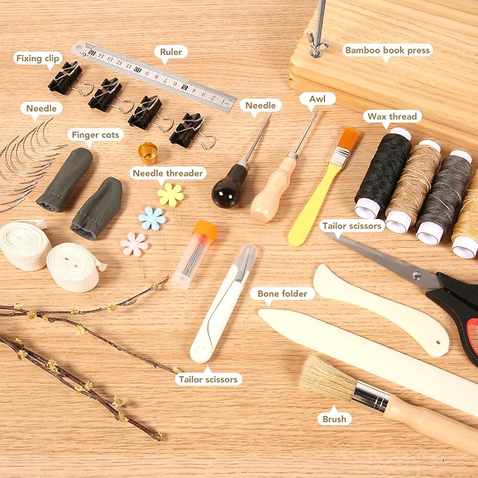 MAKEASY 50Pcs Book Binding Kits with Book Press (11.6x7.8in), DIY Bookbinding Kit with Waxed Thread, Needles, Bone Folder, Scissors & Bookbinding Supplies for Beginners & Professionals