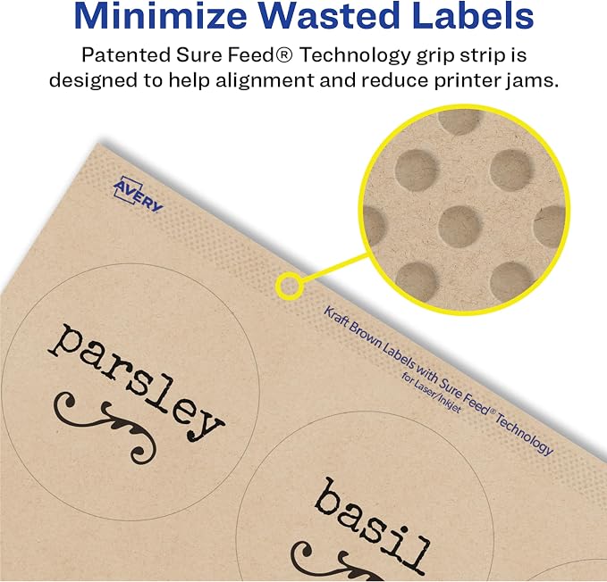 Avery Kraft Brown Round Labels with Sure Feed Technology, 2.5" Diameter, Print to the Edge, Laser/Inkjet Printable Labels, 5 Packs of 22808, 1,125 Total