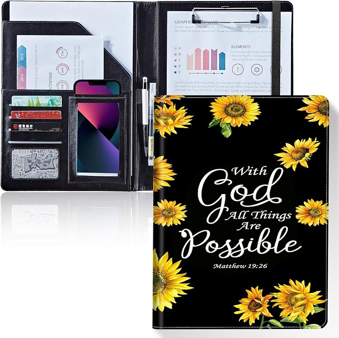 Padfolio/Portfolio Folder Clipboard,Padfolio Clipboard,Writing Portfolio Leather with Cover for Card Holder Slot Letter Size A4 for Office Conference Notepad Clip Boards,Sunflower Matthew 19:26