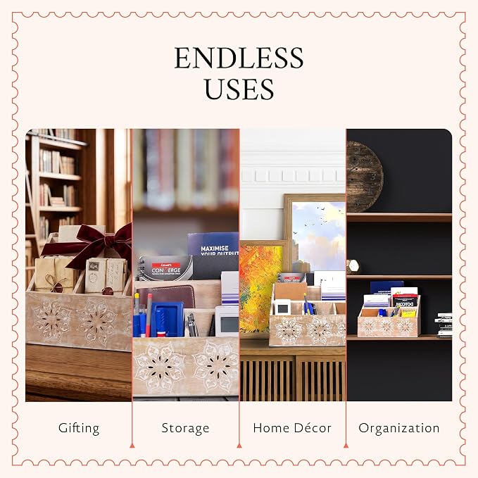 Serena Mango Wood Desk Organizer - Whitewash, 13 in | Functional mail holder featuring 5 compartments tailored for home desk organization, mail storage and rustic office decor.