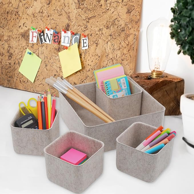 5pc Desk Drawer Organizers Storage Bin Closet Cabinet Box, Oatmeal