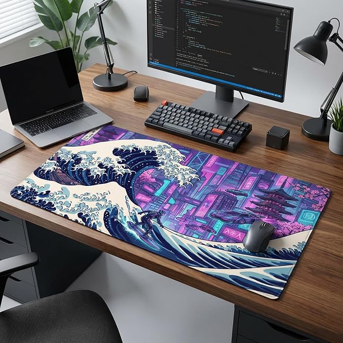 XXL Gaming Mouse Pad 31.5x15.7 Inch,Cyberpunk Neon Japanese Wave Desk Mat | Cyberpunk Japanese Wave Art Extended Mousepad with Water-Resistant Non-Slip Rubber Base,Large Desk Pad for Gaming,Office