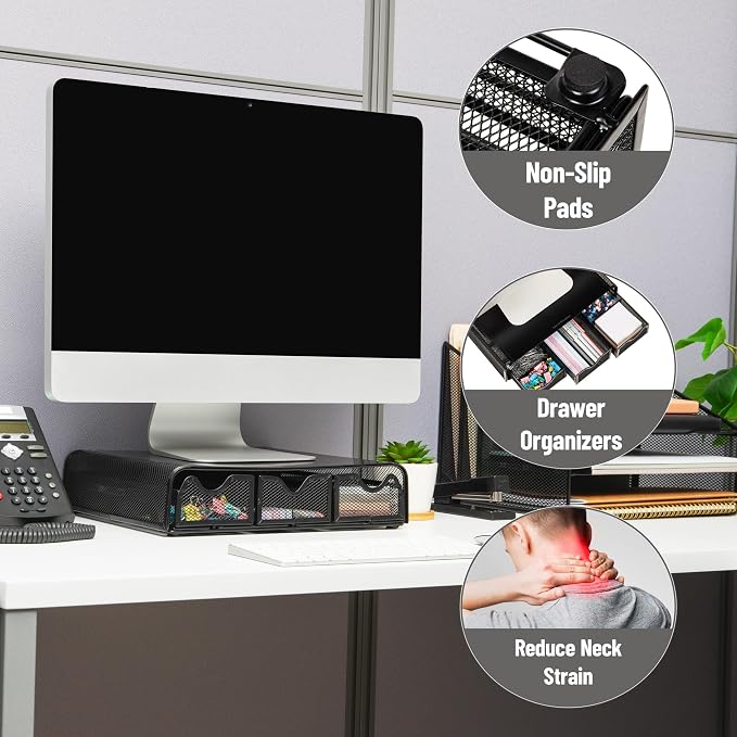 Mind Reader Monitor Stand, Ventilated Laptop Riser, Desktop Organizer, Storage, Metal Mesh, 13.25"L x 12.5"W x 3"H, Black