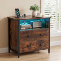 27 Inch LED Nightstand with Charging Station, 2 Drawers, Retro | RGB App Control, 2 AC Outlets & 2 USB Ports, Open Storage, Adjustable Feet, Wood Tall Nightstand for Bedroom or Office