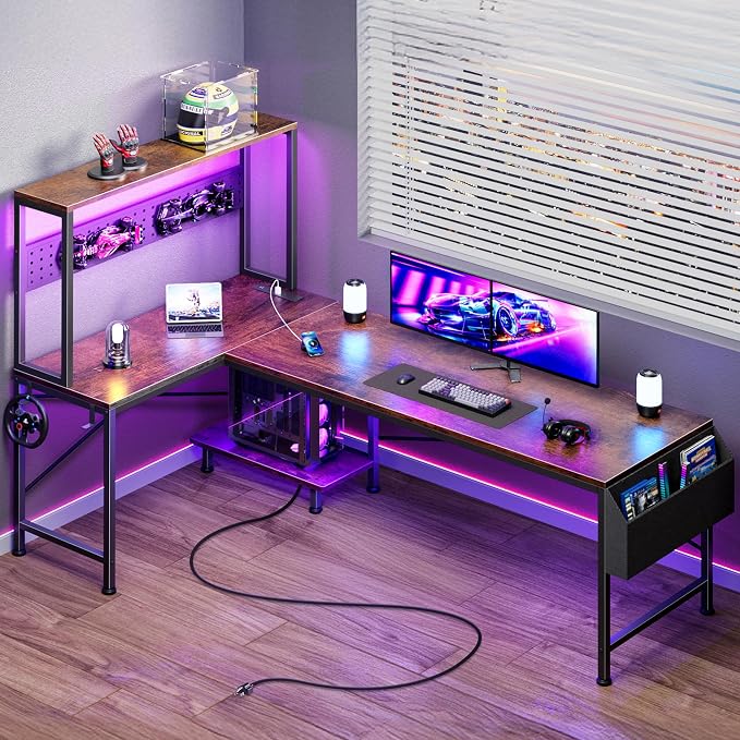 L Shaped Gaming Desk with LED Lights & Power Outlets | Reversible Computer Desk with Storage Shelves & Bag, Large Corner Home Office Desk for Work from Home, Rustic Brown
