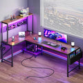 L Shaped Gaming Desk with LED Lights & Power Outlets | Reversible Computer Desk with Storage Shelves & Bag, Large Corner Home Office Desk for Work from Home, Rustic Brown