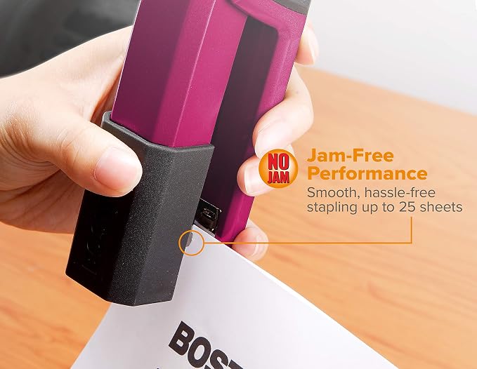 Bostitch Office Epic Metal Desk Stapler, 25 Sheet, Staple Remover, Purple | Die-cast body opens 180 degrees for bulletin boards, with a temporary stapling option and a hidden slot for backup fasteners.
