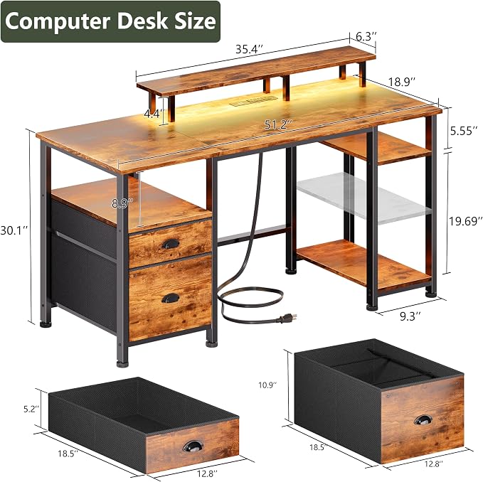 Furologee 51" Computer Desk with Outlets & LED, Desk with Drawers, Brown | Reversible Computer Desk for Office, AC Outlets & USB, Drawer & File Cabinet, Ergonomic Monitor Stand, Adjustable Shelf