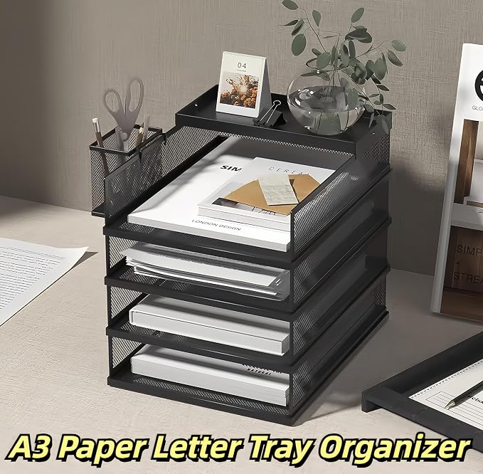 A3 Mesh Desk File Organizer, Stackable Paper Tray，Desktop Document Sorter, File Storage, 3/4/5-Tier Paper Letter Tray Organizer, Desk Accessories & Workspace, Black (4 Tier-Portrait-Black)