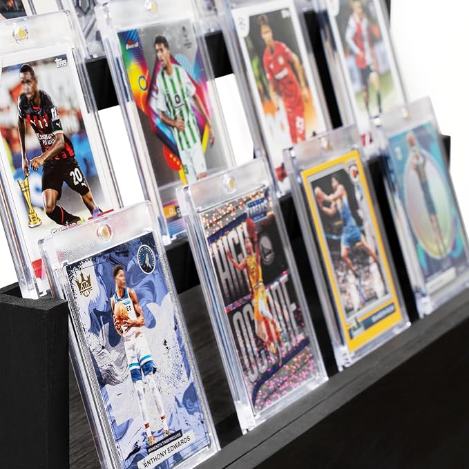 Emfogo Trading Card Display, 3-Tier Card Display Case with Custom Drawer, Wood Graded Card Display with Supporters and Dividers, Sports Card Display Case for Collection (Black)