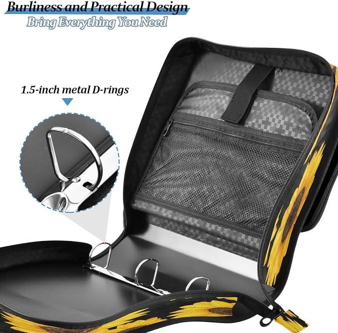 ATTX Sunflower Pattern Zipper Binder with Adjustable Padded Strap - 3 Ring 500 Sheet Capacity Binder Bag with Multi-Pocket Organizer, Fits 12 Inch Laptop