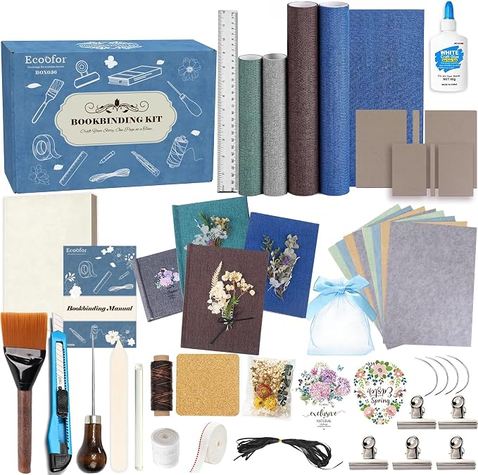 Ecoofor Bookbinding Kit for Beginners, 167 PCS 4 Pack Book Making Kit with A5 Paper, Book Cloth, Awl & Tools, Pressed Flowers & Heat Transfer Film, Gift-Ready Box with Video Tutorials