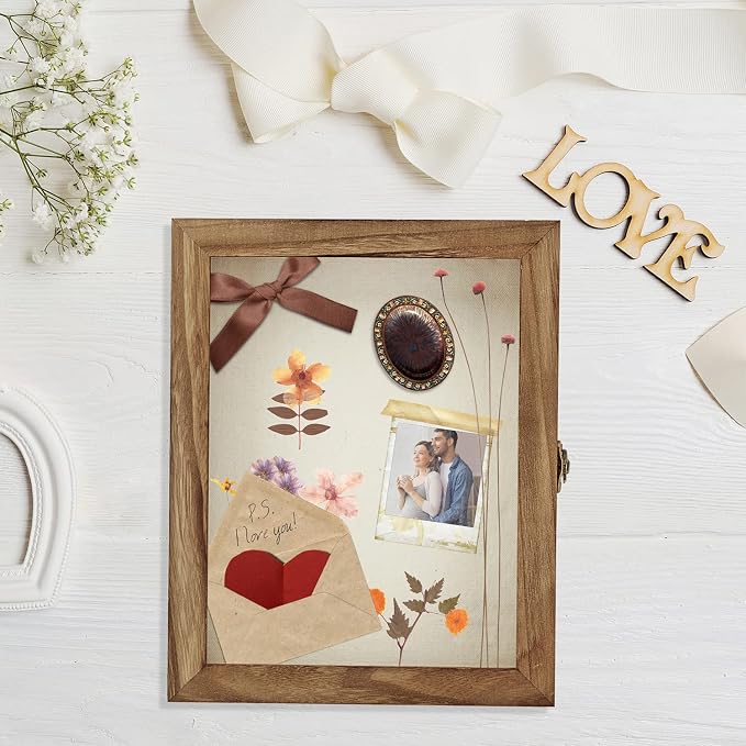 TJ.MOREE Shadow Box 11x14 Memory Display Case Wood Picture Frame Carbonized | Fits 10x13 Inserts with Linen Back & Glass, Rustic Keepsake Box for Pet Memorabilia Gifts Wedding Bouquet Military Medals