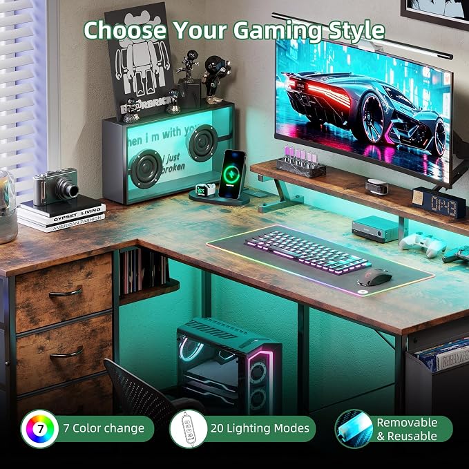 VERMESS 47" Reversible L Shaped Gaming Computer Desk, Corner Desk with Power Outlets & Monitor Stand, Writing Study Table with 4 Storage Drawers, Desk with LED Lights, Rustic Brown