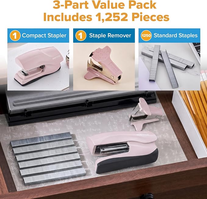 Bostitch Heavy Duty Stapler Value Pack, 40 Sheet Capacity, Pink | Half-strip, flat-clinch design opens fully for tacking bulletin boards; includes a staple remover and 1250 staples.