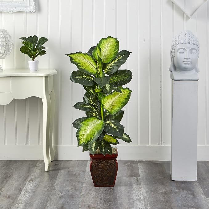 Nearly Natural 45 in Artificial Golden Dieffenbachia with Decorative Pot | Lush Variegated Leaves, Faux Greenery in Decorative Planter, Maintenance-Free Floor Plant, Indoor Home Decor