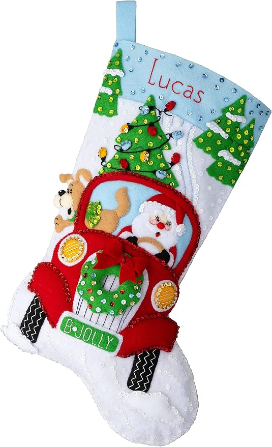 Bucilla Felt Applique 18" Stocking Making Kit, Jolly Deliveries, Perfect for DIY Arts and Crafts, 89552E