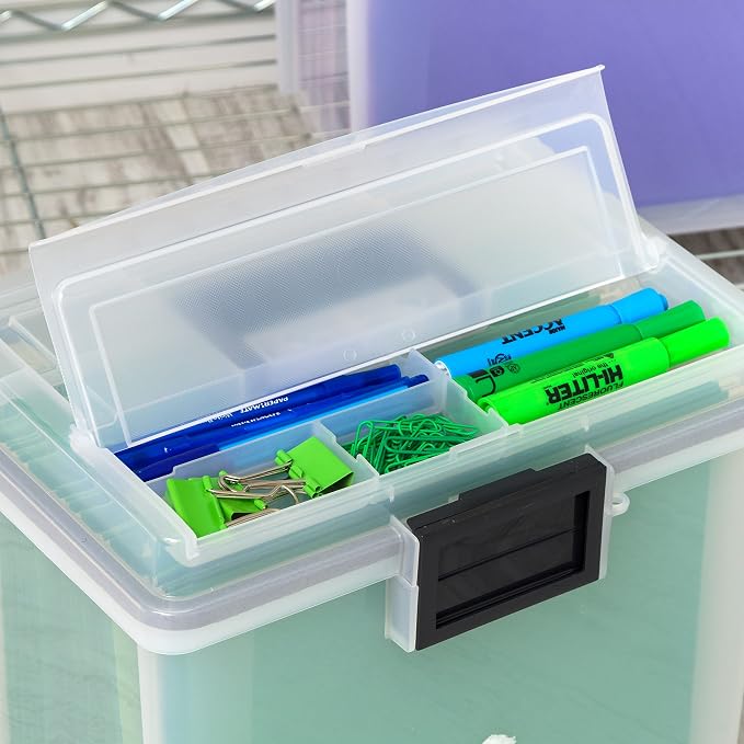 IRIS USA WeatherPro Portable File Box Organizer, 19 Qt. 4-Pack, Clear | Store and transport letter size files, documents and records with weather resistant protection and secure latching