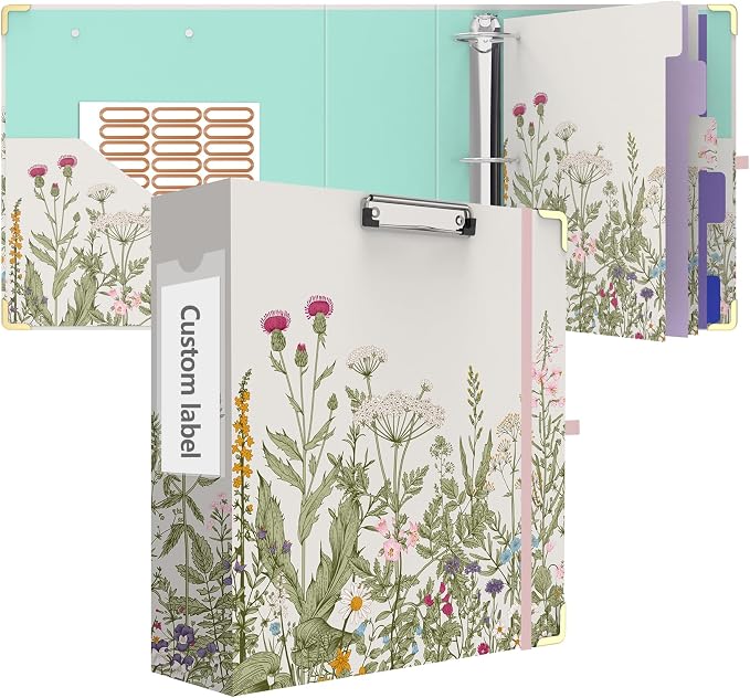 3 Ring Binder 3 Inch Round Ring Binder with 6 Tab Dividers，2 Interior Pockets，Cute Binder Clipboard with Storage, for School Office, Portfolio Organizer with Labels(Garden Flowers)
