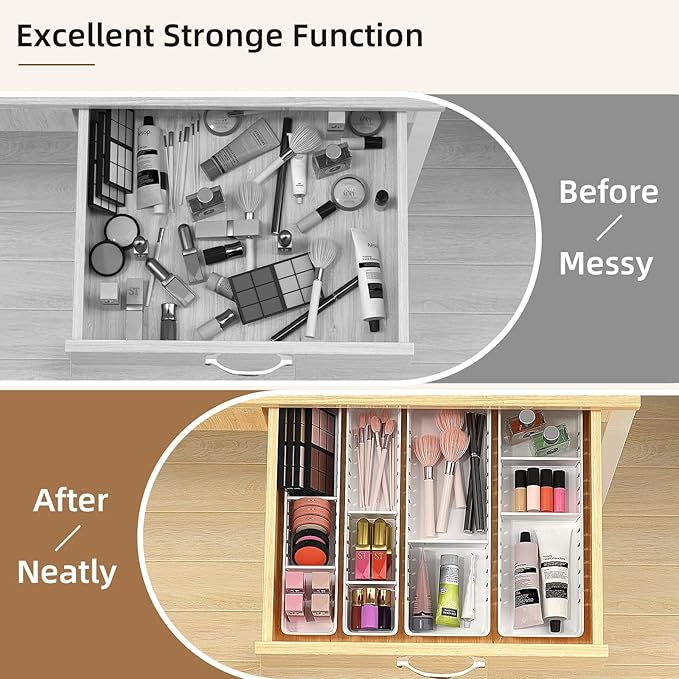 4 PCS Desk Drawer Organizer Tray, Office Drawer Organizer Bins | 8 pcs Dividers Adjustable, 16 pcs Non-Slip Silicone Pads, Makeup Vanity Organizer for Drawer, Plastic, White