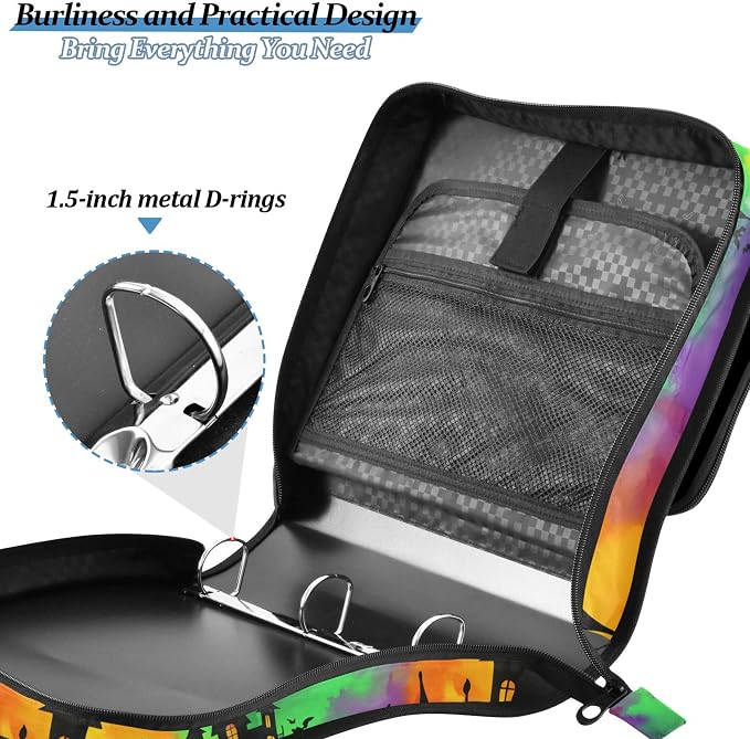 3 Ring Zipper Binder Spooky Haunted House Binder Organizer Portfolio with File and Shoulder Strap & Handle Large Capacity File Folder