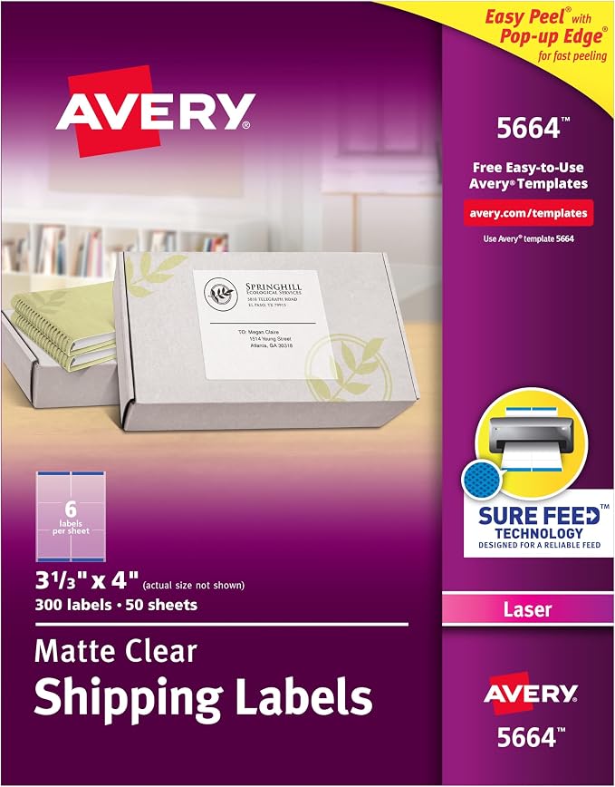 Avery Matte Frosted Clear Address Labels for Laser Printers, 3-1/3" x 4", 300 Labels, 5 Packs (5664)