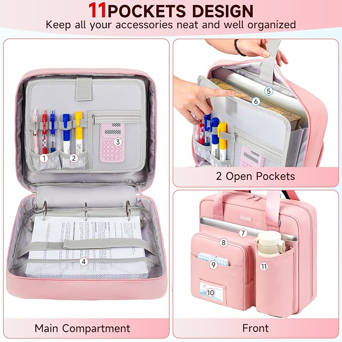 3 Ring Zipper Binder Bag, 3 Inch D-Ring 700 Sheet Capacity, Portable File Organizer with Removable Shoulder Strap & Multiple Pockets for School Office Travel Summer Study Back to School,Pink