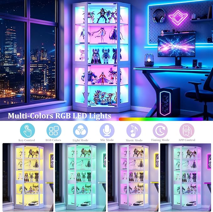 Corner Display Cabinet with Glass Doors, 5-Tier Curio Cabinets with RGB Lights, 71" Display Case with Wood Shelves for Collectibles, White