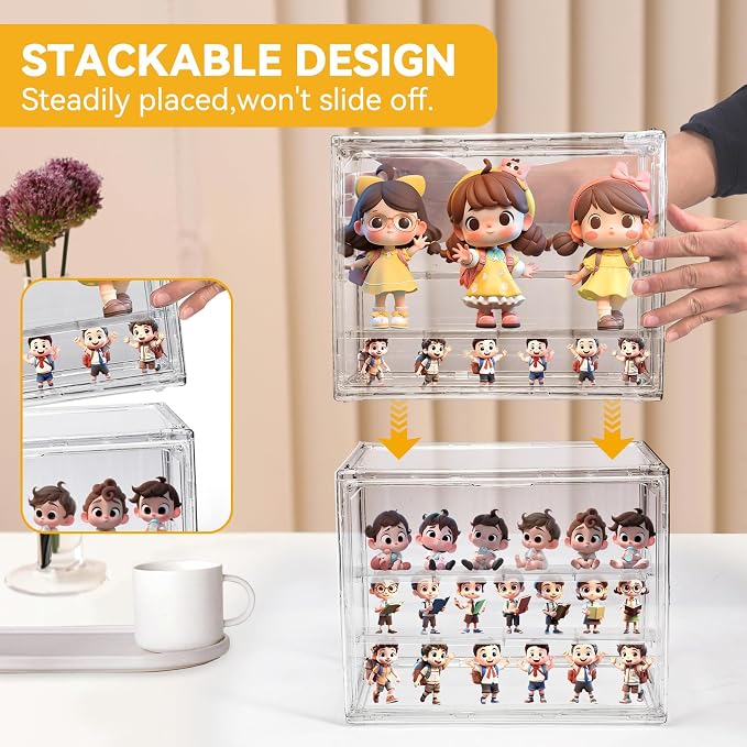 POLRAI 3 Packs Display Boxes for Figures Stackable Detachable Display Stand Dustproof Showcase Storage for Collectibles and Action Figures Mini Toys (3 Tiers)