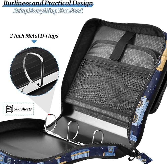 Fisyme Trains Cute Blue Zipper Binder 3 Ring with Zipper and Shoulder Strap Large Capacity Multi-Pocket Binder Organizer