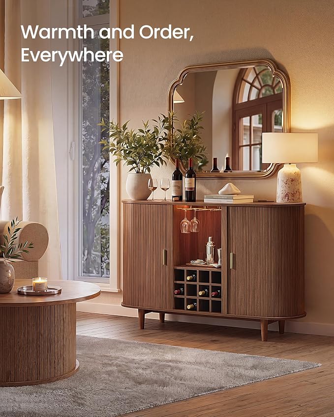 VASAGLE Storage Cabinet, Sideboard with LED Lights and Power Strip | Mid-Century Modern Buffet Cabinet, 55.1 x 15.7 x 35.4 Inch, for Living Room, Chestnut Brown, MIRIANA Collection ULSC641KX01