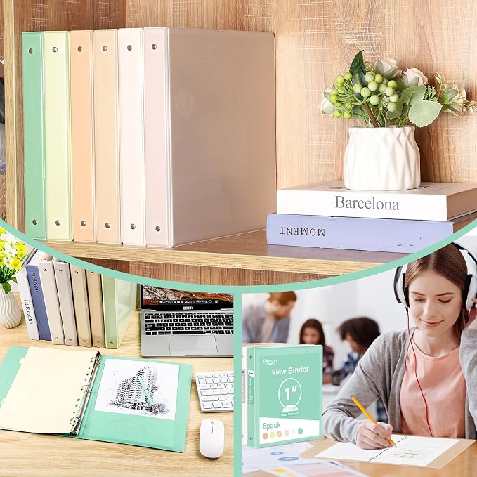 6 Pack 3 Ring Binder, 1 Inch Clear View Binders (Fit 8.5x11 Inches) | 175 Sheets Paper Capacity, Pastel Binders with 2 Interior Pockets for Office Supplies, School & Home (6 Light Colors)