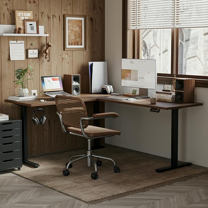 Agilestic 63 x 55 Inch L Shaped Electric Standing Desk, Dark Walnut | Corner Desk, Ample Workspace, Memory Presets, Hooks, Stable Steel Frame,176 lbs Capacity, Easy Assembly, Splice Board