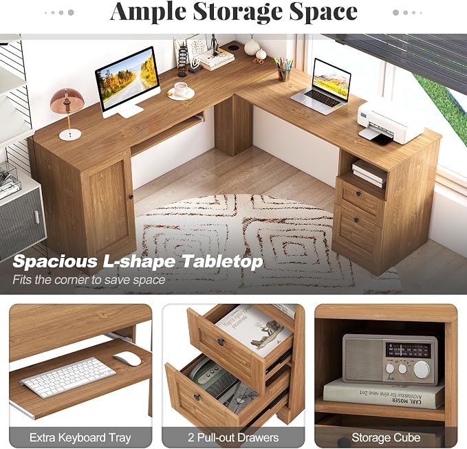 Giantex 66" L-Shaped Desk with Storage Drawers & Charging Station, Spacious Corner Computer Desk with Keyboard Tray, Adjustable Shelf, Cabinet, Huge Workspace Home Office Study Writing Desk (Natural)