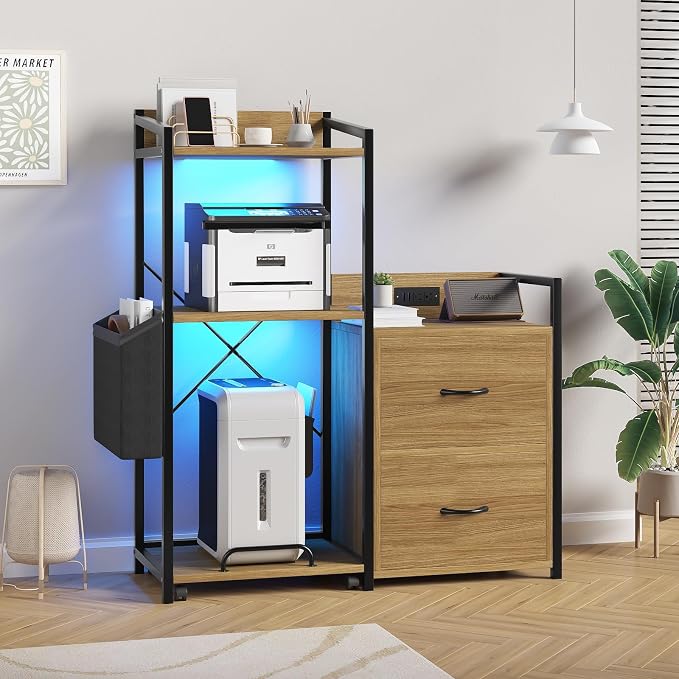 GarveeLife File Cabinet Furniture, Filing Cabinet with 2 Drawers, Rolling Printer Stand with Open Storage Shelves for Home Office, Printer Stand with Power Strip & LED Lights, 49.2" h, Natural