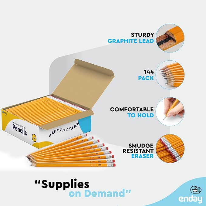 Enday #2 Pencils Bulk - 144 Pack - Pre-Sharpened Wood-Cased Yellow Graphite Pencils for Kids with Latex-Free Eraser Top for Office and Classroom Supplies