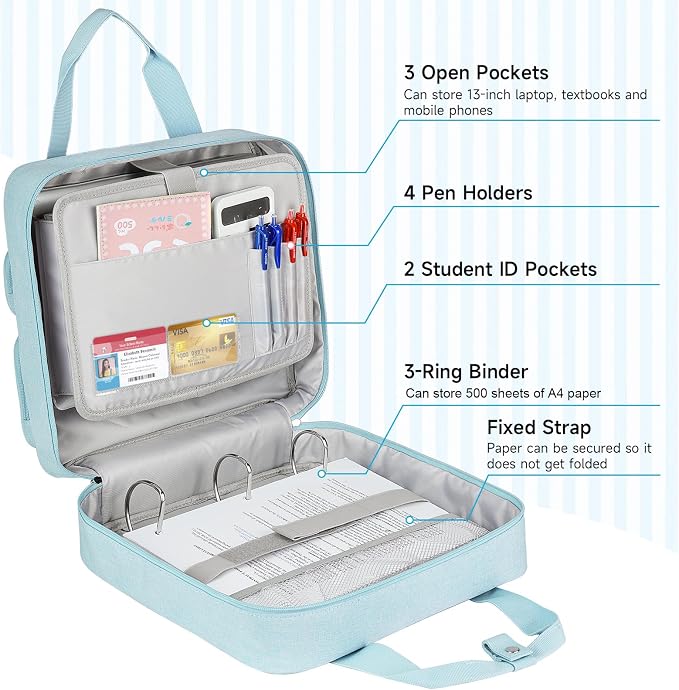 Zipper Binder 3 Ring, 500 Sheets Capacity, Binder 2 Inch with Shoulder Strap Fits 13 Inch Laptop for School and Office,Blue