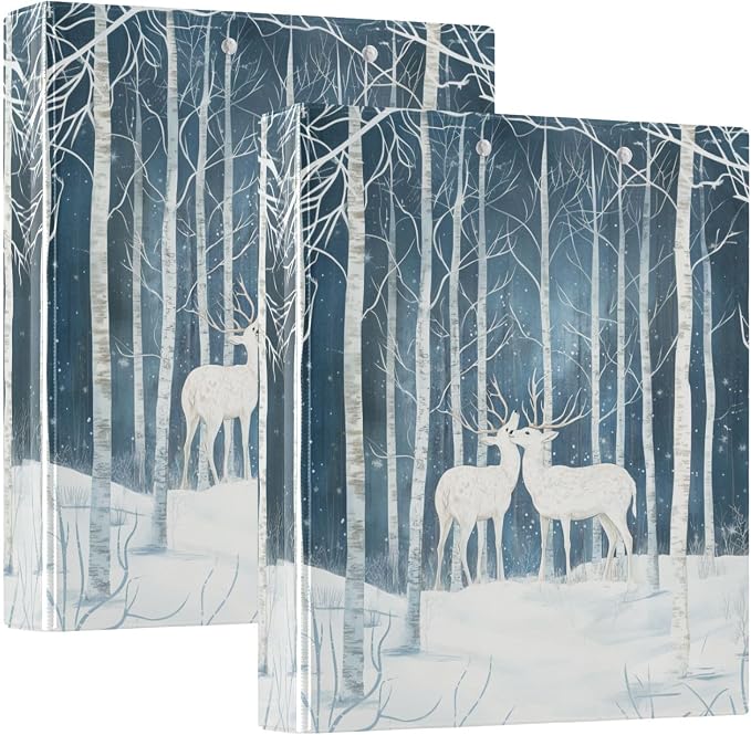 Deer in Snowy Winter Forest 3 Ring Binder 1.5" Decorative D-Ring Binder with Clipboard&3 Clear Pockets, Holds 200 Sheets A4 Size Paper Waterproof Binders for School Home Office|2 Pack
