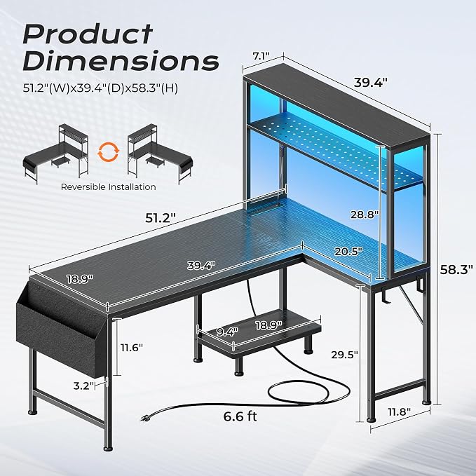 L Shaped Gaming Desk with LED Lights & Power Outlets | Reversible Computer Desk with Storage Shelves & Bag, Large Corner Home Office Desk with Pegboard for Work from Home, Black