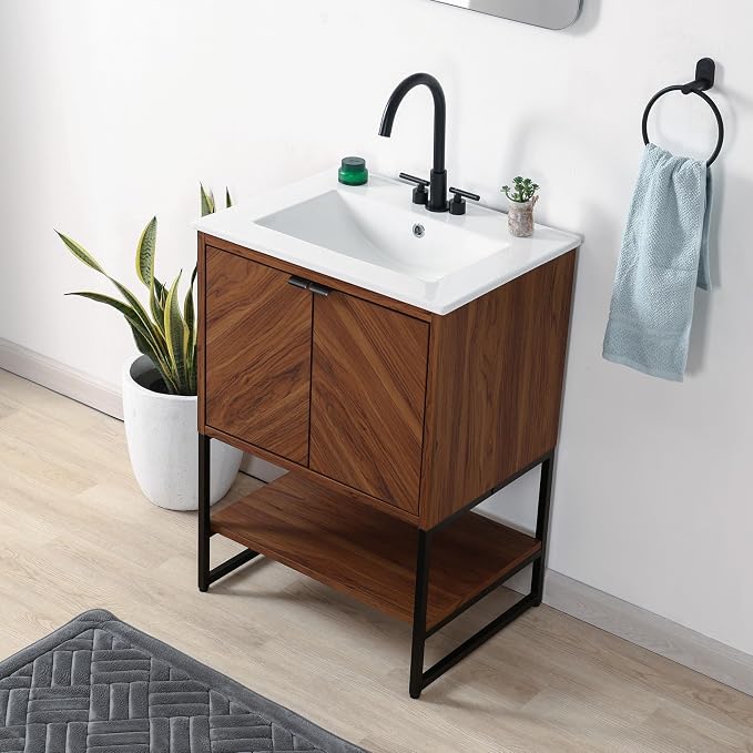 JONATHAN Y Juhl 23.5" Chevron Freestanding Bathroom Vanity Cabinet, Walnut | Modern Minimalist Design, 18" Deep 33" Tall, 2 Soft-Close Doors, Interior And Open Shelves, Sink Not Included