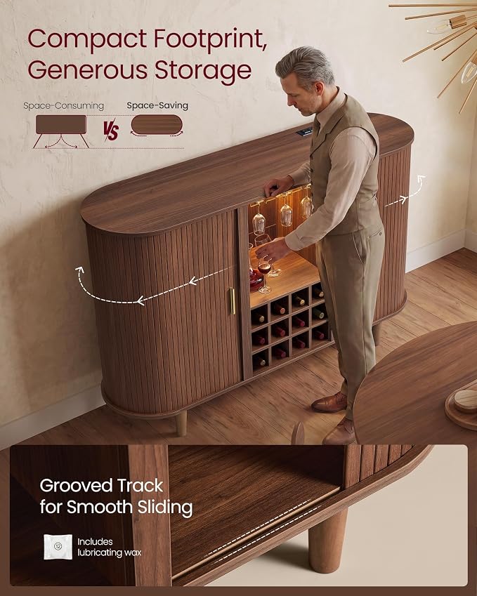 VASAGLE Storage Cabinet, Sideboard with LED Lights and Power Strip | Mid-Century Modern Buffet Cabinet, 55.1 x 15.7 x 35.4 Inch, for Living Room, Chestnut Brown, MIRIANA Collection ULSC641KX01