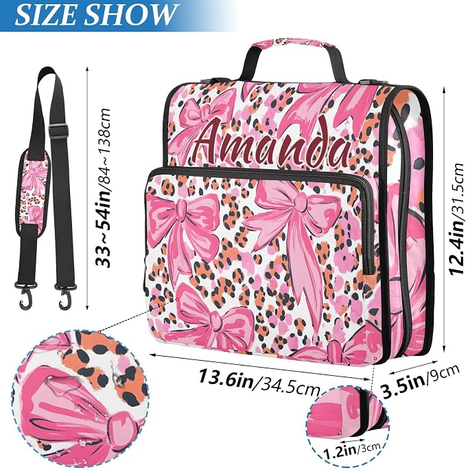 Custom 3 Ring Zipper Binder Pink Bow Leopard Print Personalized Name 1.5 inch Binders Large Capacity Multi Pockets for School Office Supplies