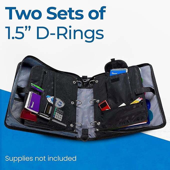 Case-it Dual Binder | Two 1.5" D-Rings | 600-Sheet | Dual-101 Denim Blue | Dual 2-in-1, Pencil Pouch, Multiple Pockets, School & Office Organizer, Shoulder Strap